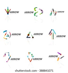 Set of linear arrow abstract logos, connected multicolored segments lines in directional pointer figures