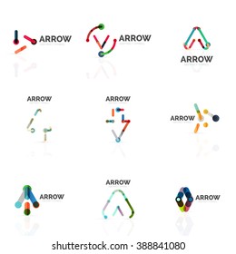 Set von abstrakten Logos mit linearem Pfeil, verbundenen mehrfarbigen Segmenten mit Linien in Richtungsbildern