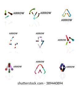 Set of linear arrow abstract logos, connected multicolored segments of lines in directional pointer figures. Vector wire business icon collection isolated on white