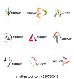 Set of linear arrow abstract logos, connected multicolored segments of lines in directional pointer figures. Vector wire business icon collection isolated on white