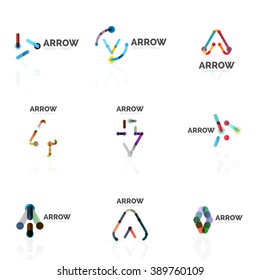 Set of linear arrow abstract logos, connected multicolored segments of lines in directional pointer figures. Vector wire business icon collection isolated on white