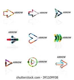 Set of linear arrow abstract logos, connected multicolored segments of lines in directional pointer figures. Vector wire business icon collection isolated on white