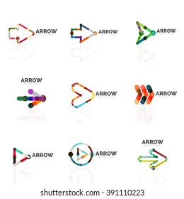 Set of linear arrow abstract logos, connected multicolored segments of lines in directional pointer figures. Vector wire business icon collection isolated on white