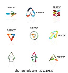 Set of linear arrow abstract logos, connected multicolored segments of lines in directional pointer figures. Vector wire business icon collection isolated on white