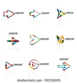 Set of linear arrow abstract logos, connected multicolored segments of lines in directional pointer figures. Vector wire business icon collection isolated on white