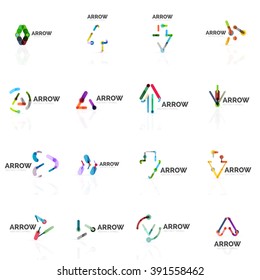 Set of linear arrow abstract logos, connected multicolored segments of lines in directional pointer figures. Vector wire business icon collection isolated on white