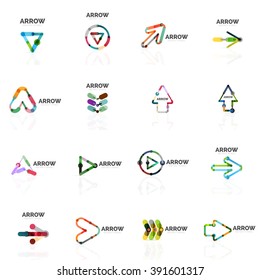 Set of linear arrow abstract logos, connected multicolored segments of lines in directional pointer figures. Vector wire business icon collection isolated on white
