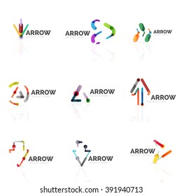 Set of linear arrow abstract logos, connected multicolored segments of lines in directional pointer figures. Vector wire business icon collection isolated on white