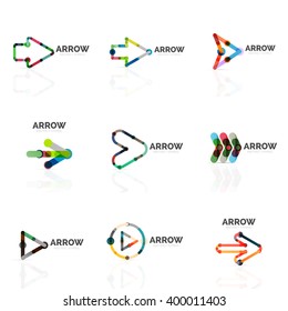 Set of linear arrow abstract logos, connected multicolored segments of lines in directional pointer figures. Vector wire business icon collection isolated on white