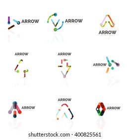 Set of linear arrow abstract logos, connected multicolored segments of lines in directional pointer figures. Vector wire business icon collection isolated on white