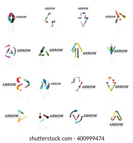 Set of linear arrow abstract logos, connected multicolored segments of lines in directional pointer figures. Vector wire business icon collection isolated on white