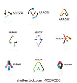 Set of linear arrow abstract logos, connected multicolored segments of lines in directional pointer figures. Vector wire business icon collection isolated on white