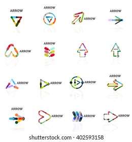 Set of linear arrow abstract logos, connected multicolored segments of lines in directional pointer figures. Vector wire business icon collection isolated on white