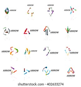 Set of linear arrow abstract logos, connected multicolored segments of lines in directional pointer figures. Vector wire business icon collection isolated on white