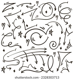 A set of linear arrows of different shapes and directions in street style with a black marker on a white background. Arrows and details, mini drawings, stars, highlights, hearts, stripes of movement