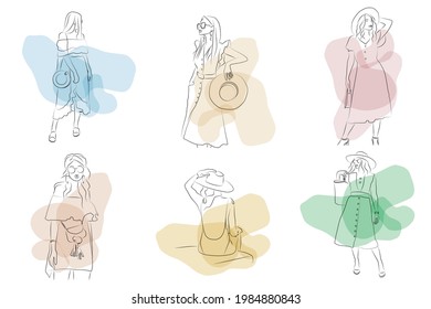 Set of linear art fashion sketch with girls in a dress with a bag and a hat. For fashion bloggers, brands,  stores. Fashion lifestyle. Fresh summer fashion. Abstract spots.