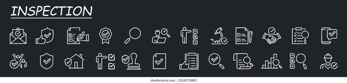 Set of linear audit icon set on a grey background. Inspection, revision and testing line icons in simple design. Vector illustration	