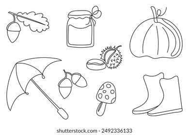 Set of linear autumn elements. For minimalistic design. Vector illustration of umbrella, jam, leaves in continuous line, eps 10. Icons