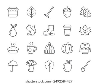 A set of linear autumn icons. Editable stroke outline