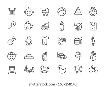 Set of linear baby icons. Newborn icons in simple design. Vector illustration