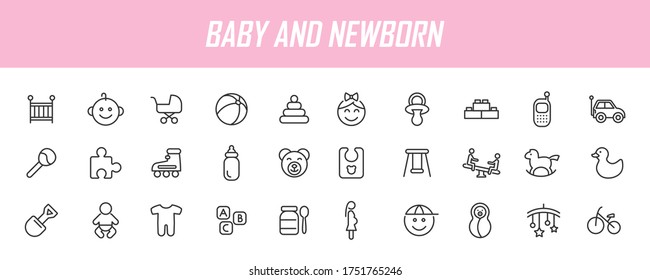 Set of linear baby icons. Newborn icons in simple design. Vector illustration