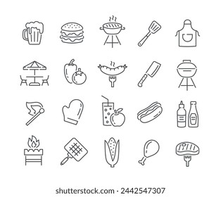 Set of linear barbecue icons. Editable stroke