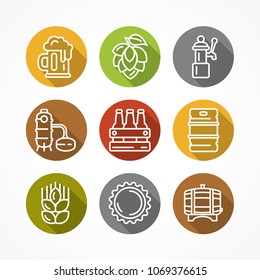 Set of linear beer icons on color circle, for craft brewery. Vector illustration.