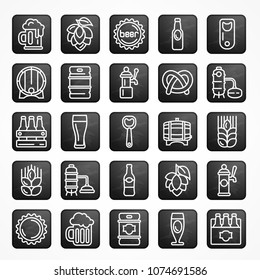 Set of linear beer icons on black square, for craft brewery. Vector illustration.