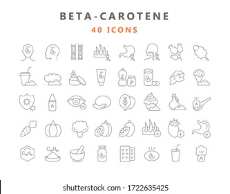 Conjunto de iconos lineales del beta-caroteno. Fuente natural, papel biológico, propiedades útiles.