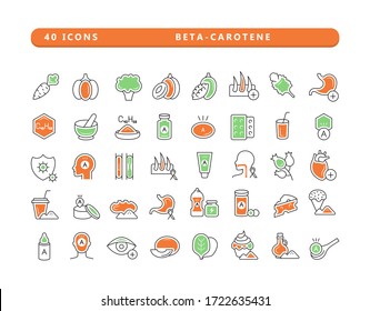 Conjunto de iconos lineales del beta-caroteno. Fuente natural, papel biológico, propiedades útiles.