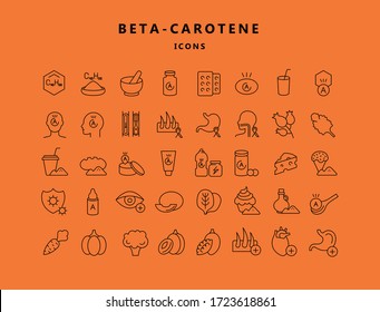 A set of linear beta-carotene icons. Natural source, biological role, useful propertys.