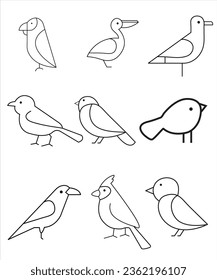 Set of linear birds. Thin line vector illustration. Editable shapes