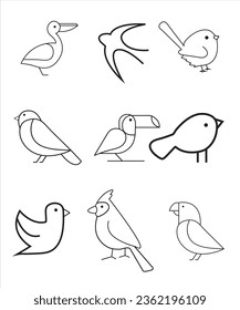 Set of linear birds. Thin line vector illustration. Editable shapes