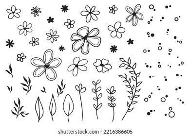 Set of linear black flowers leaves twigs and circles hand drawn vector sketch