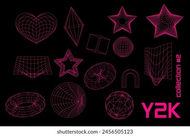 Set lineal negro geométrico neón ácido rosa figura de marco y2k, 3d . Vector para cartel, Anuncio. 