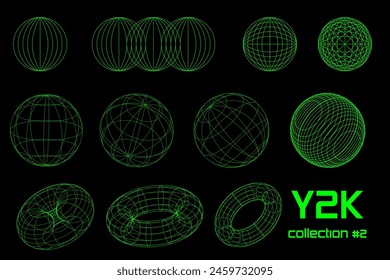 Set linear black geometric neon acid green frame figure y2k, 3d . Vector for poster, banner.