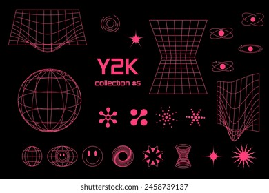 Set linear black geometric  planet neon acid pink frame figure y2k, 3d . Vector for poster, banner. 