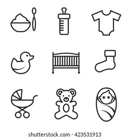 Set of linear, black icons on a theme baby