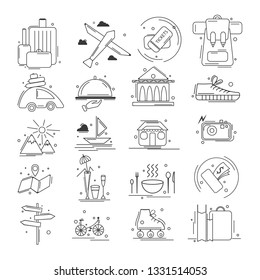 Set of linear black simple icons composed on white background and showing activities and travels.