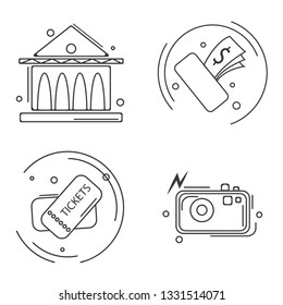 Set of linear black simple icons composed on white background and showing activities and travels.