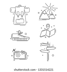 Set of linear black simple icons composed on white background and showing activities and travels.