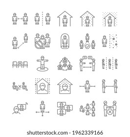 Set Of Linear Black And White Icons On The Topic Of Social Distancing. Line Icons Such As Stay Home, Avoid Crowded Place, Quarantine, Work From Home,