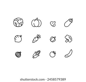 A set of linear black and white icons vegetables.