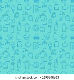 Set of linear blue icons for coffee shop pattern seamless with blue Background. Vector illustration. 