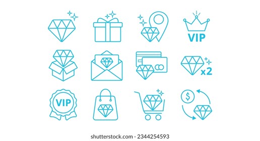 Conjunto de iconos azules lineales beneficios exclusivos del diamante. Programa de bonos, fidelidad, gema, regalo, ubicación exclusiva, sobre, oferta, tarjeta de crédito, multiplicación, compras premium, vip.Editable Stroke. Vector