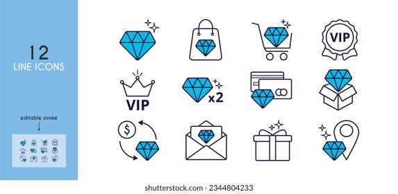 Set of linear blue icons exclusive diamond benefits. Bonus program, loyalty, gem, gift, exclusive location, envelope, offer, credit card, multiplication, premium shopping, vip.Editable Stroke. Vector