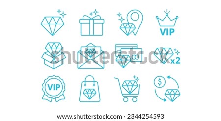 Set of linear blue icons exclusive diamond benefits. Bonus program, loyalty, gem, gift, exclusive location, envelope, offer, credit card, multiplication, premium shopping, vip.Editable Stroke. Vector