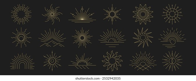 Conjunto de logotipo boho lineal de la salida del sol, símbolos dorados de la puesta del sol, haz de luz o rayos de sol de la mañana. Mano dibujada sunburst, contorno de rayos de sol, sol, línea de oro Elementos de diseño bohemios. Iconos esotéricos mágicos místicos