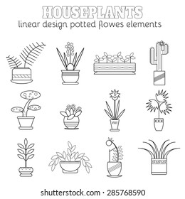 Set of linear botanical icons.Different types of flowers and flower pots in a linear graphics, elements for your design. Vector illustration.