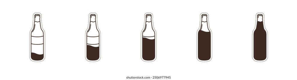 Set of linear bottles vector. Icons set of water bottles. Bottles with filling from minimum to maximum. Bottle stickers vector. Vector illustration.